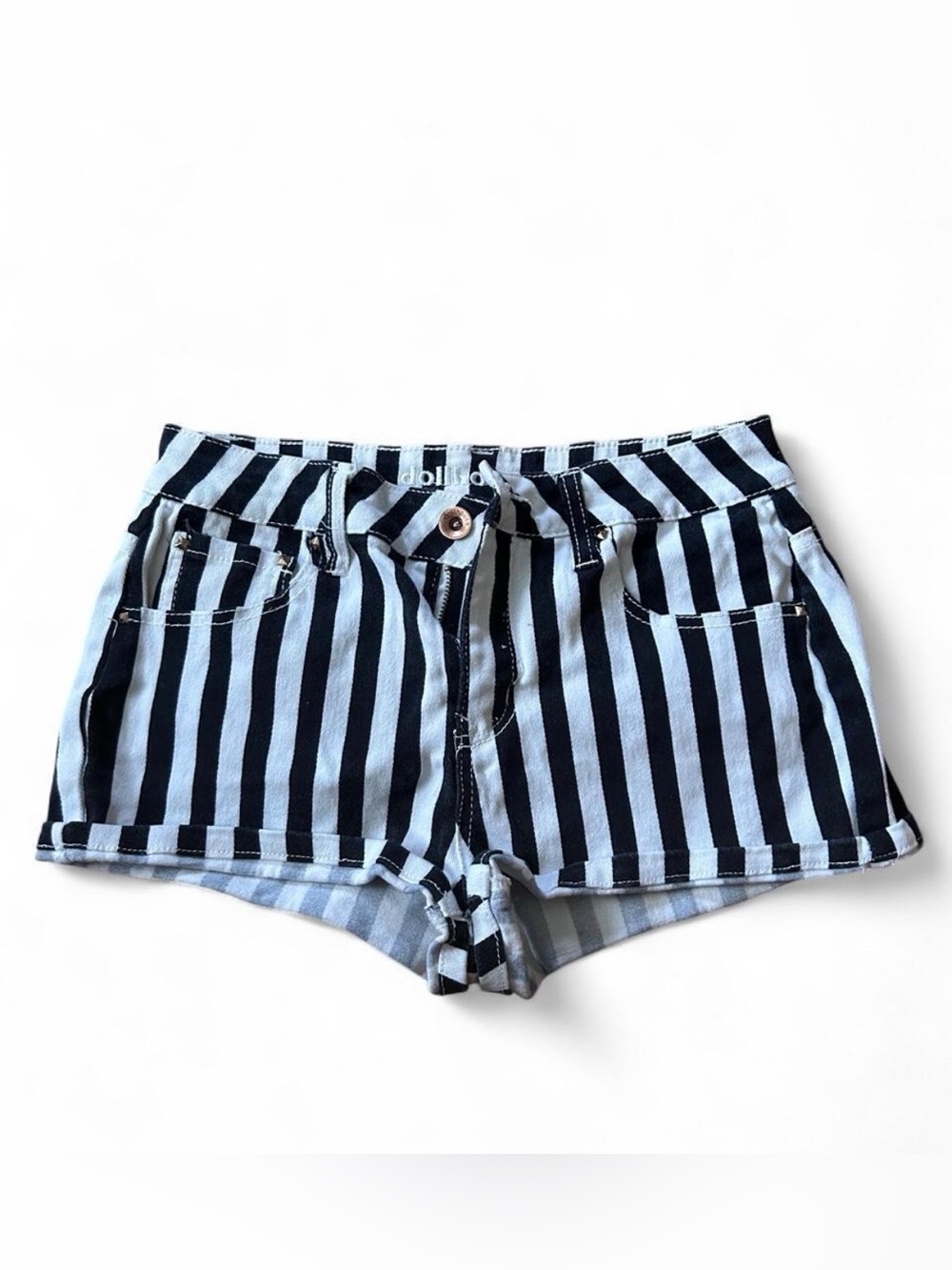Vintage Dollhouse Black and White Vertical Stripe Denim Shorts
